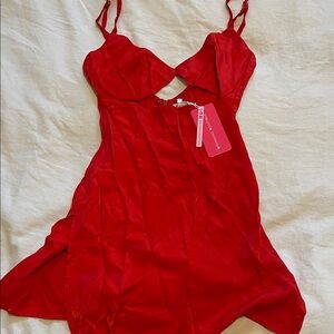 Beginning Boutique Red Satin Slip Dress with Cutout